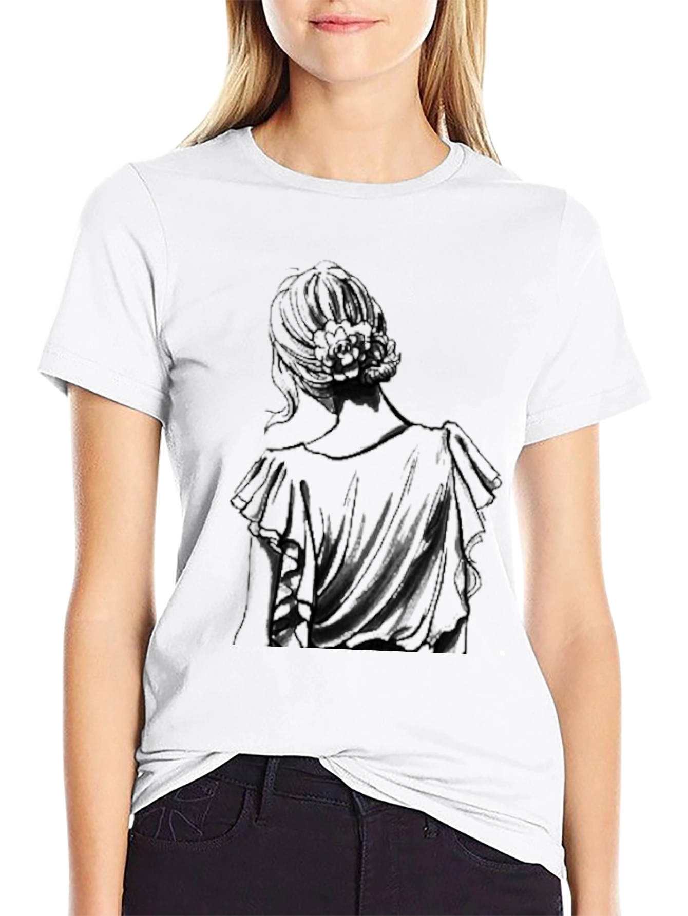 Elegant Woman Back Print Black T-Shirt