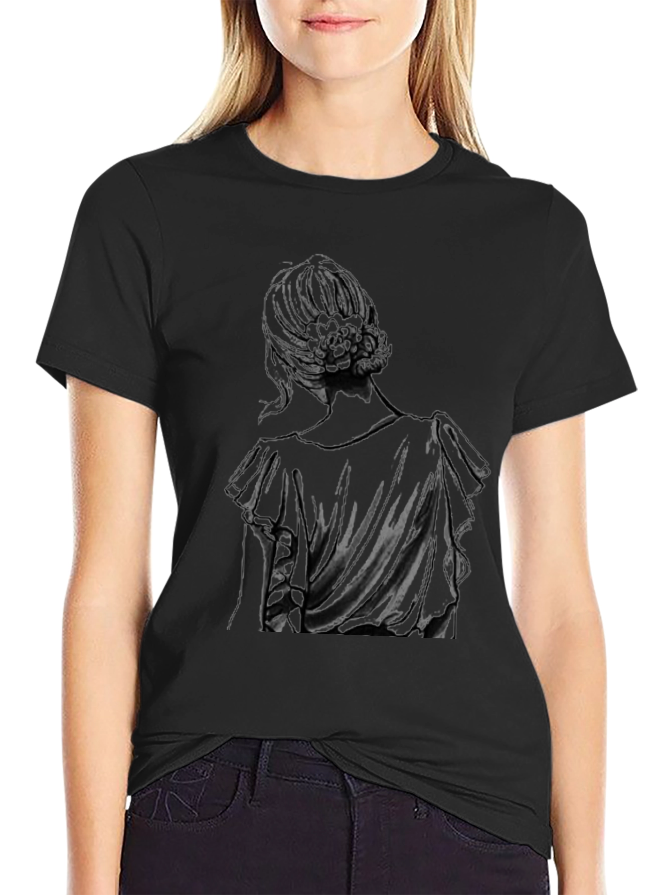 Elegant Woman Back Print Black T-Shirt