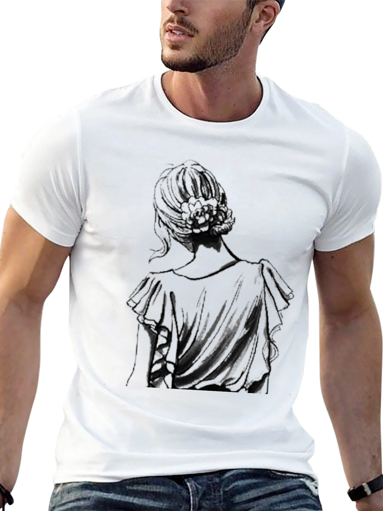 Elegant Woman Back Print Black T-Shirt