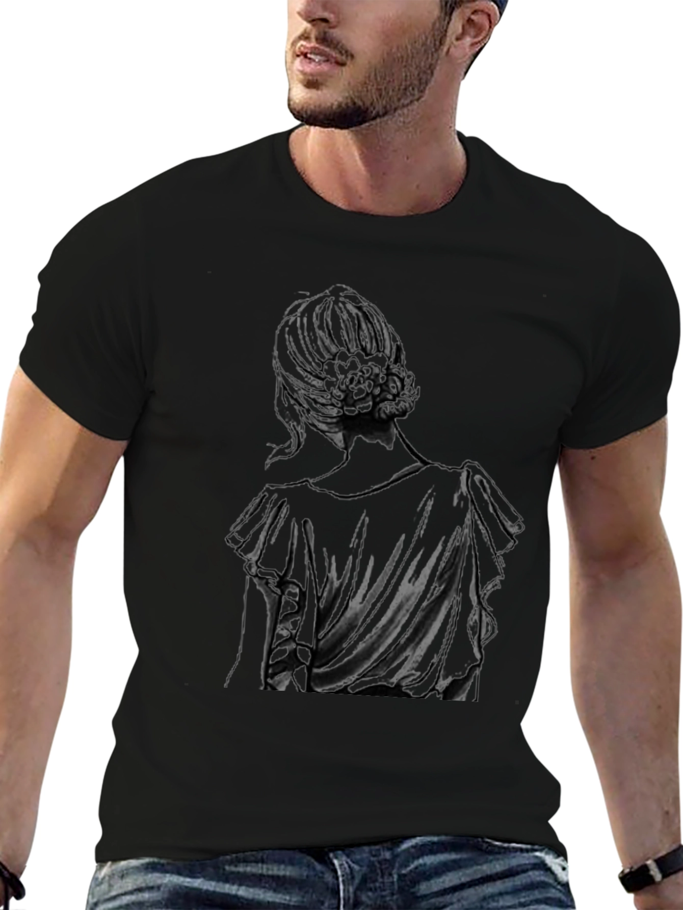 Elegant Woman Back Print Black T-Shirt