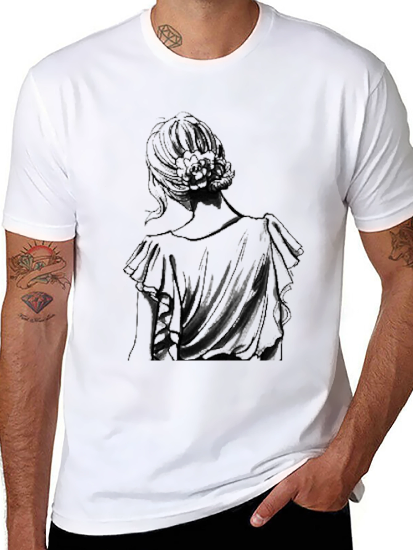 Elegant Woman Back Print Black T-Shirt