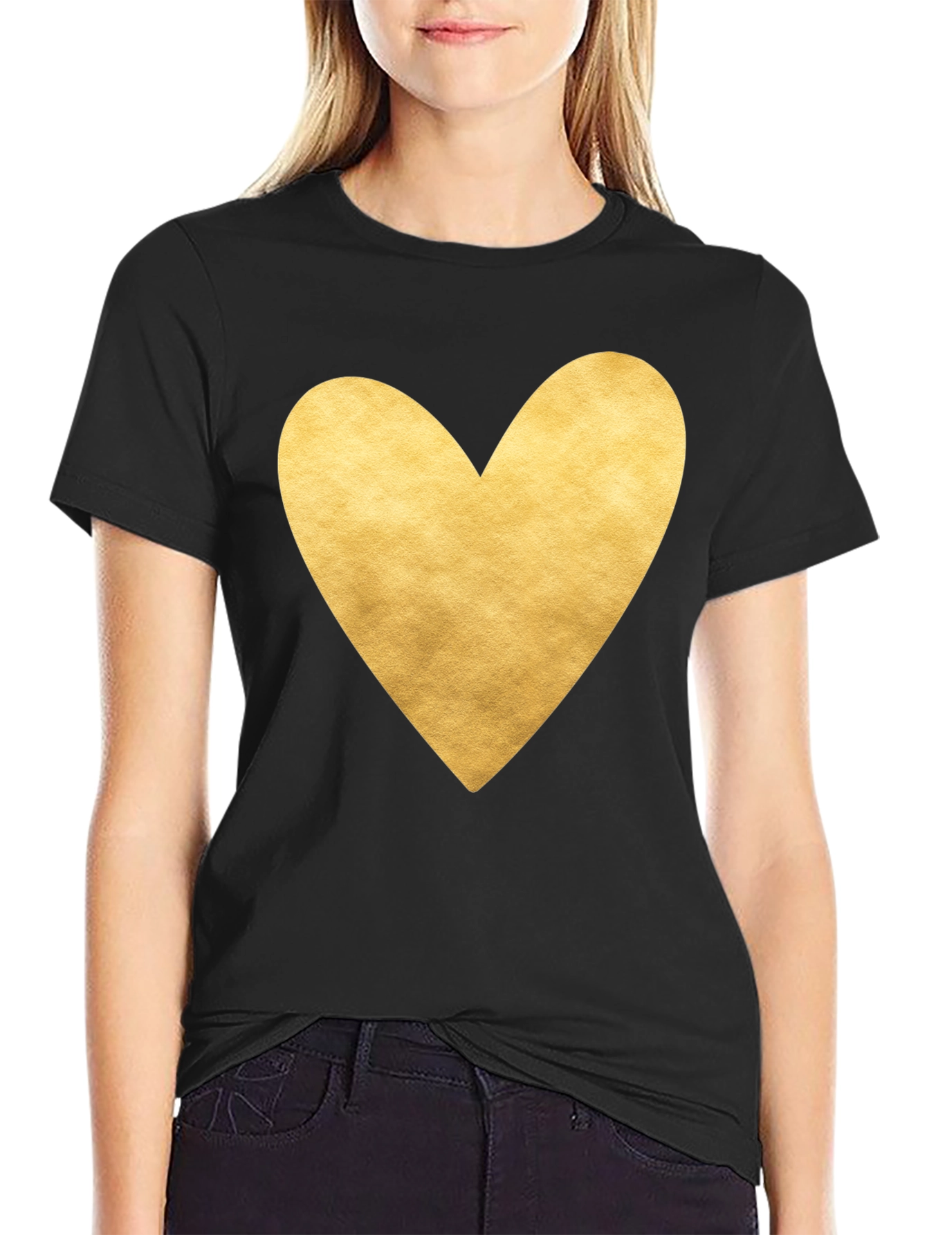 Heart Print T-Shirt - Black - Casual Tee