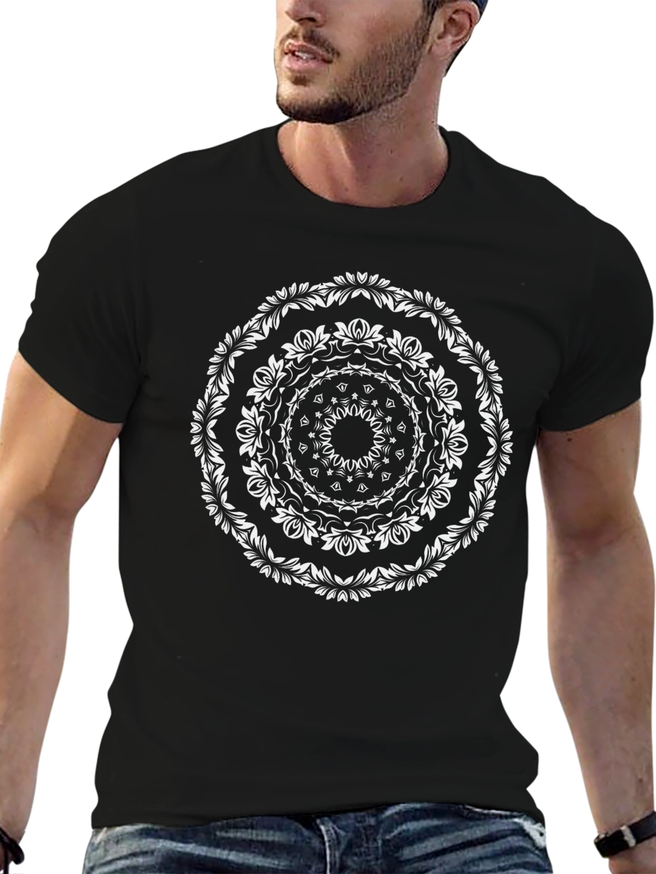 Floral Mandala Graphic Tee - Black Cotton