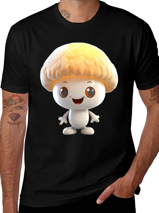 Mushroom Cartoon Graphic Tee - Black Cotton Blend Shirt