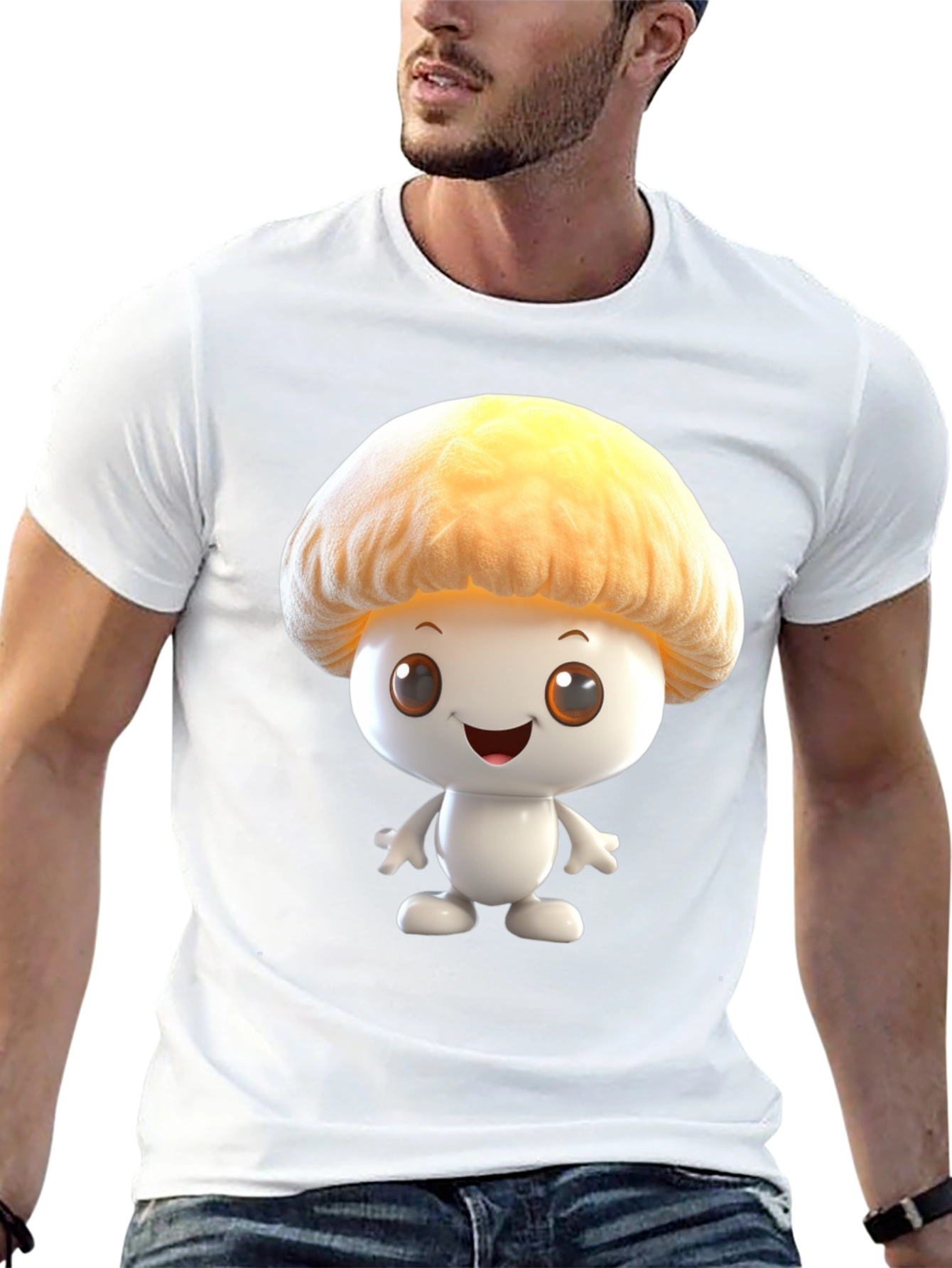 Mushroom Cartoon Graphic Tee - Black Cotton Blend Shirt