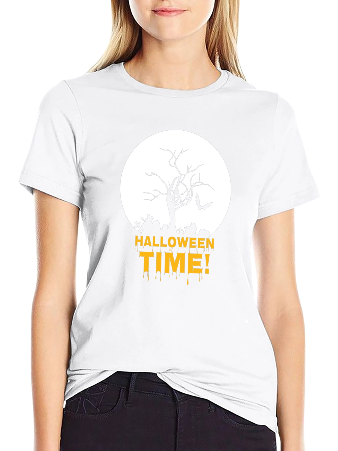 Halloween Time Black T-Shirt with Spooky Graveyard Design