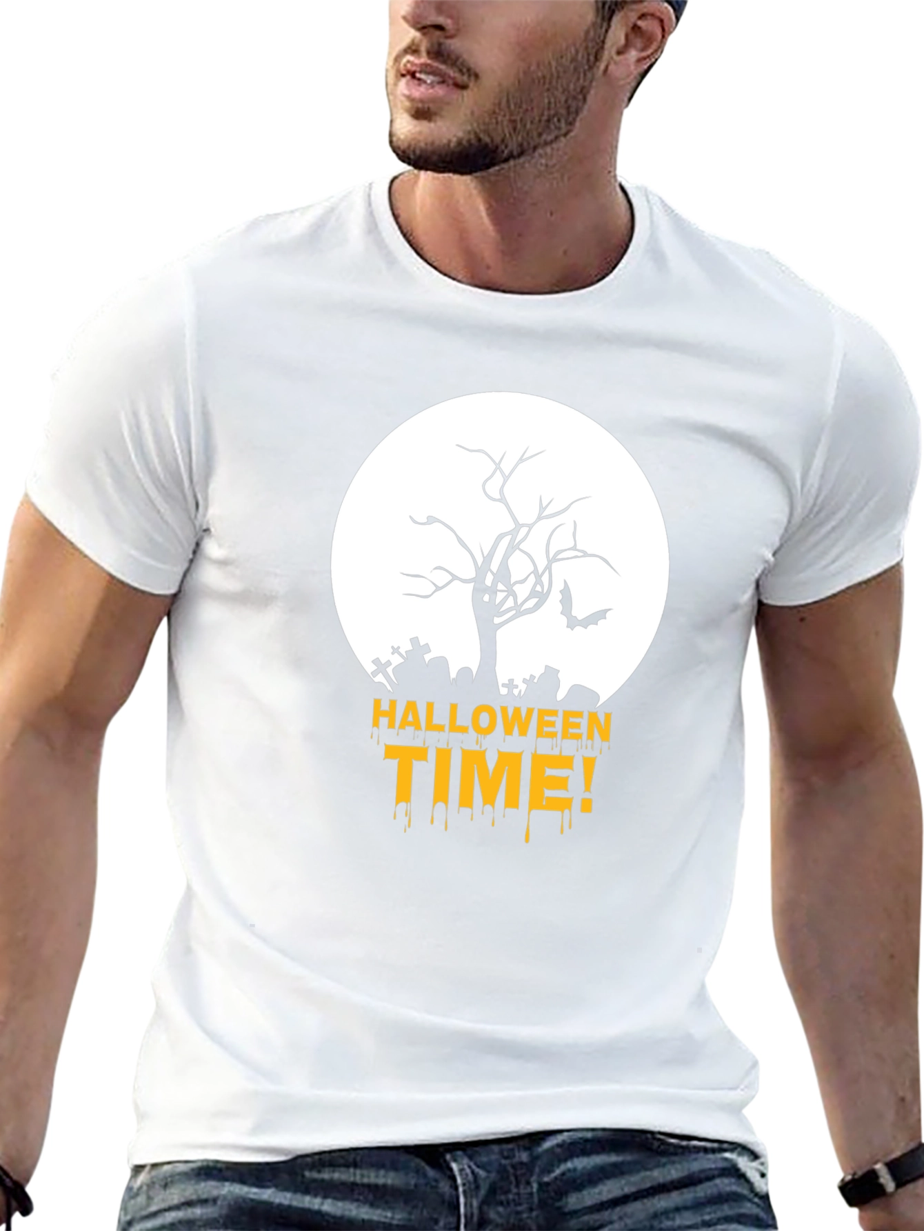 Halloween Time Black T-Shirt with Spooky Graveyard Design