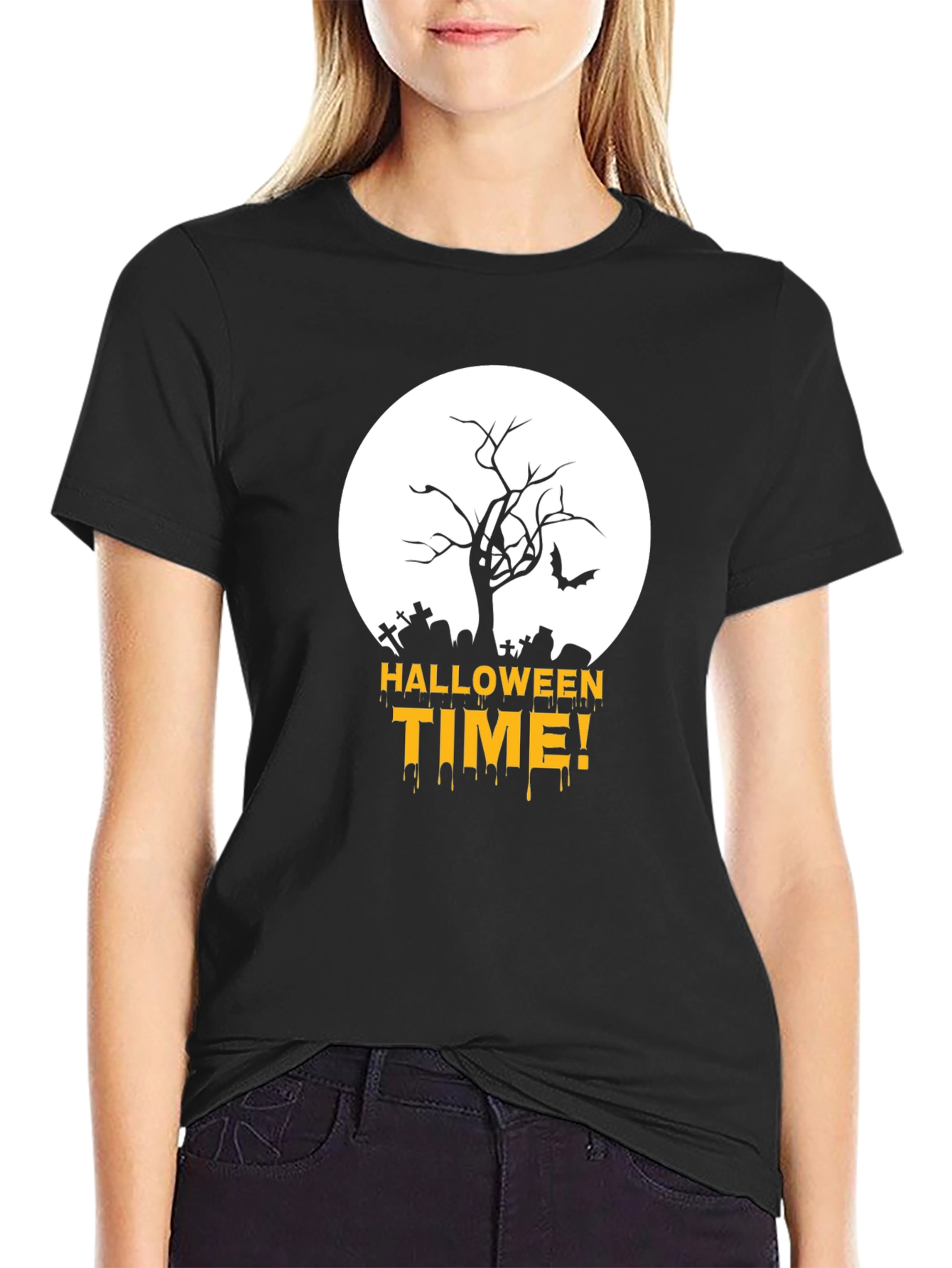 Halloween Time Black T-Shirt with Spooky Graveyard Design