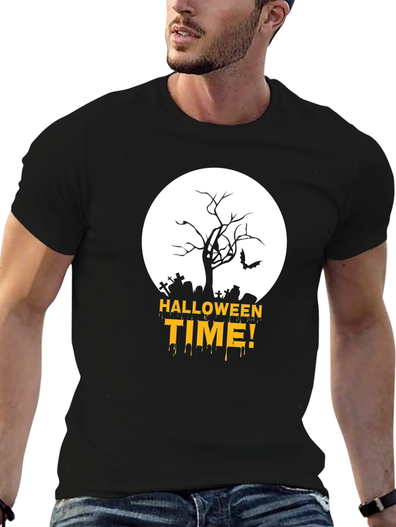 Halloween Time Black T-Shirt with Spooky Graveyard Design