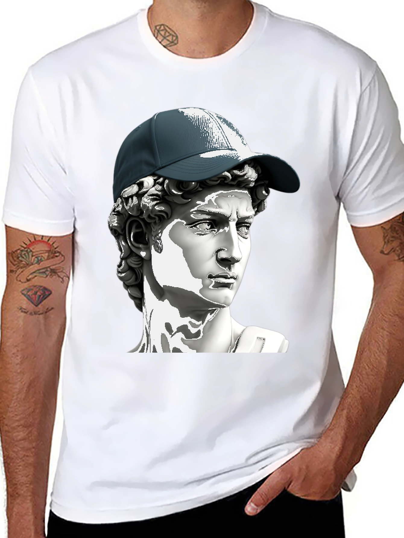David Statue with Baseball Cap Graphic T-Shirt