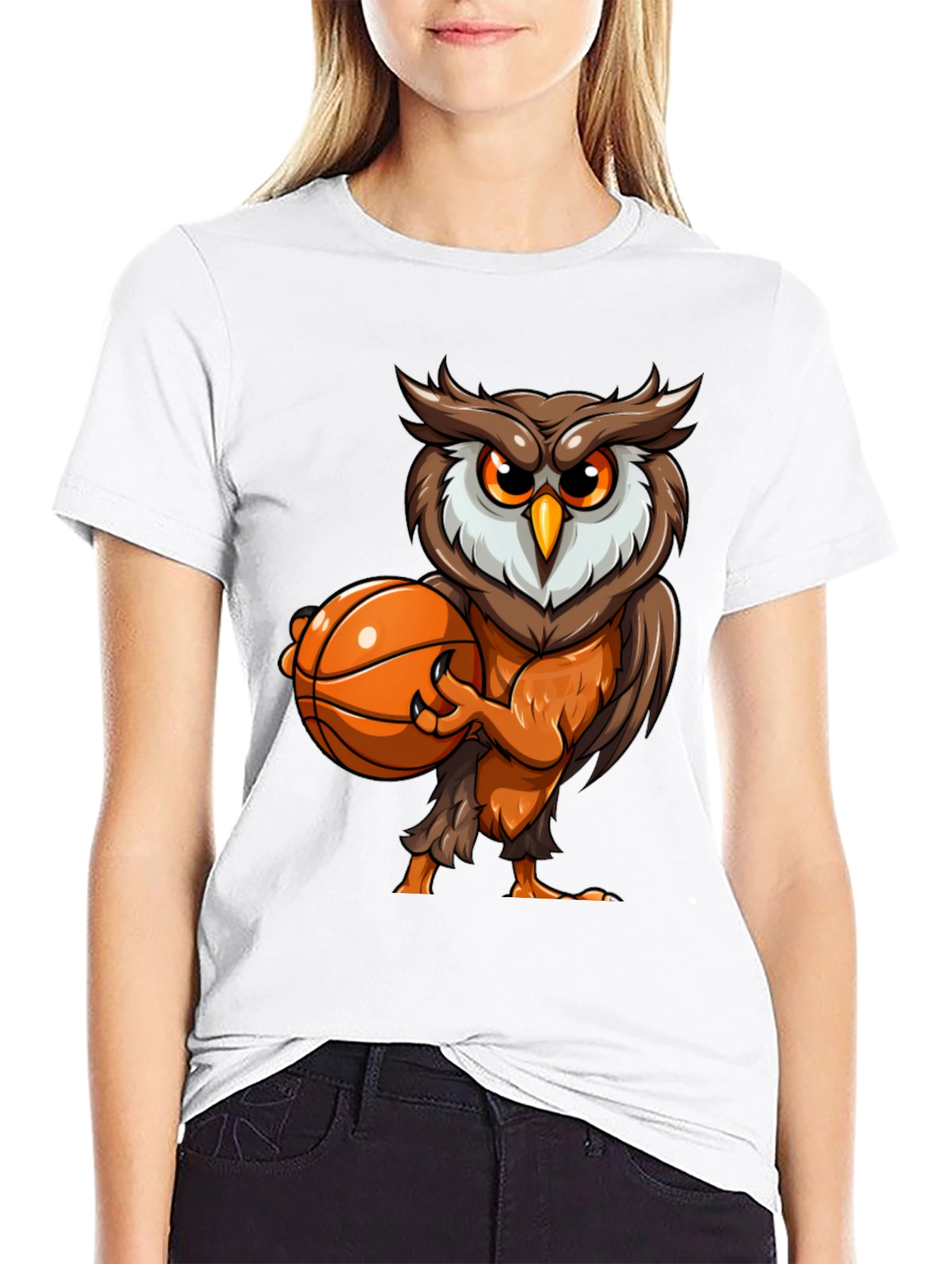 Owl Basketball Graphic Tee - Black Cotton T-Shirt