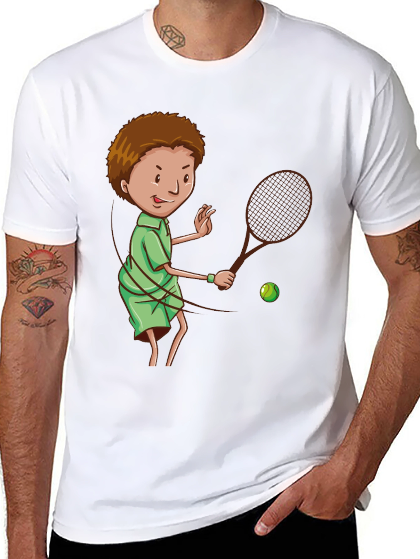 Tennis Player Cartoon Graphic Black T-Shirt