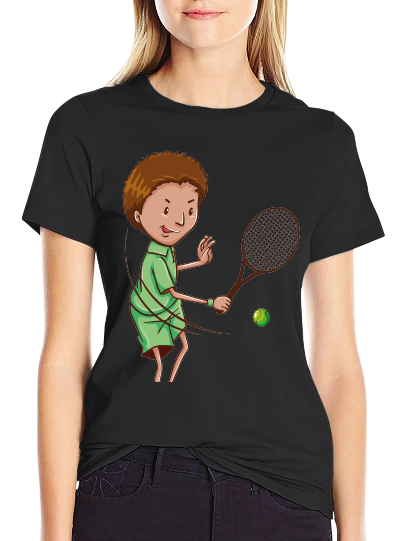 Tennis Player Cartoon Graphic Black T-Shirt