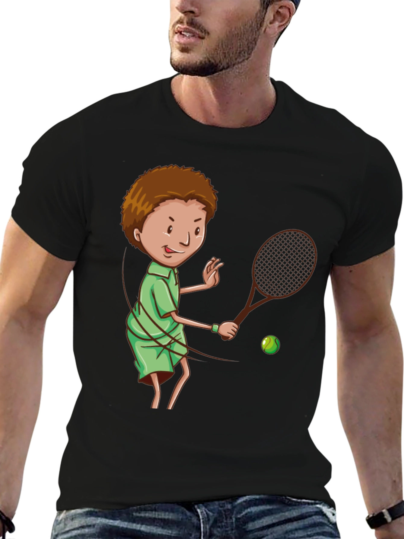 Tennis Player Cartoon Graphic Black T-Shirt