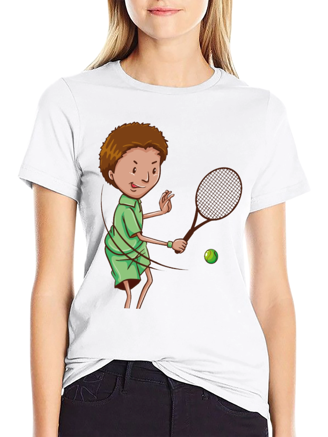 Tennis Player Cartoon Graphic Black T-Shirt
