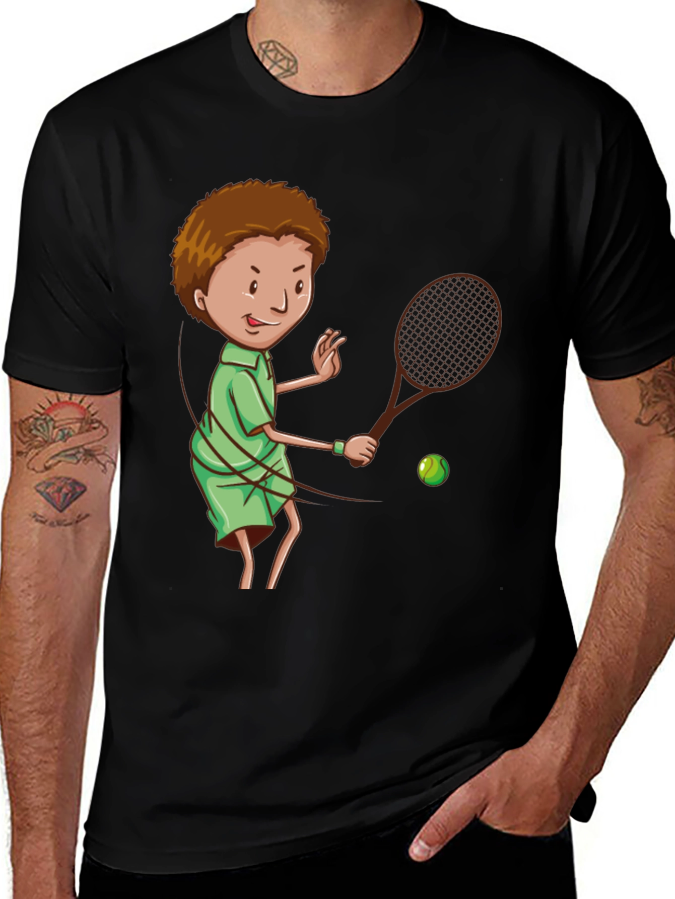Tennis Player Cartoon Graphic Black T-Shirt