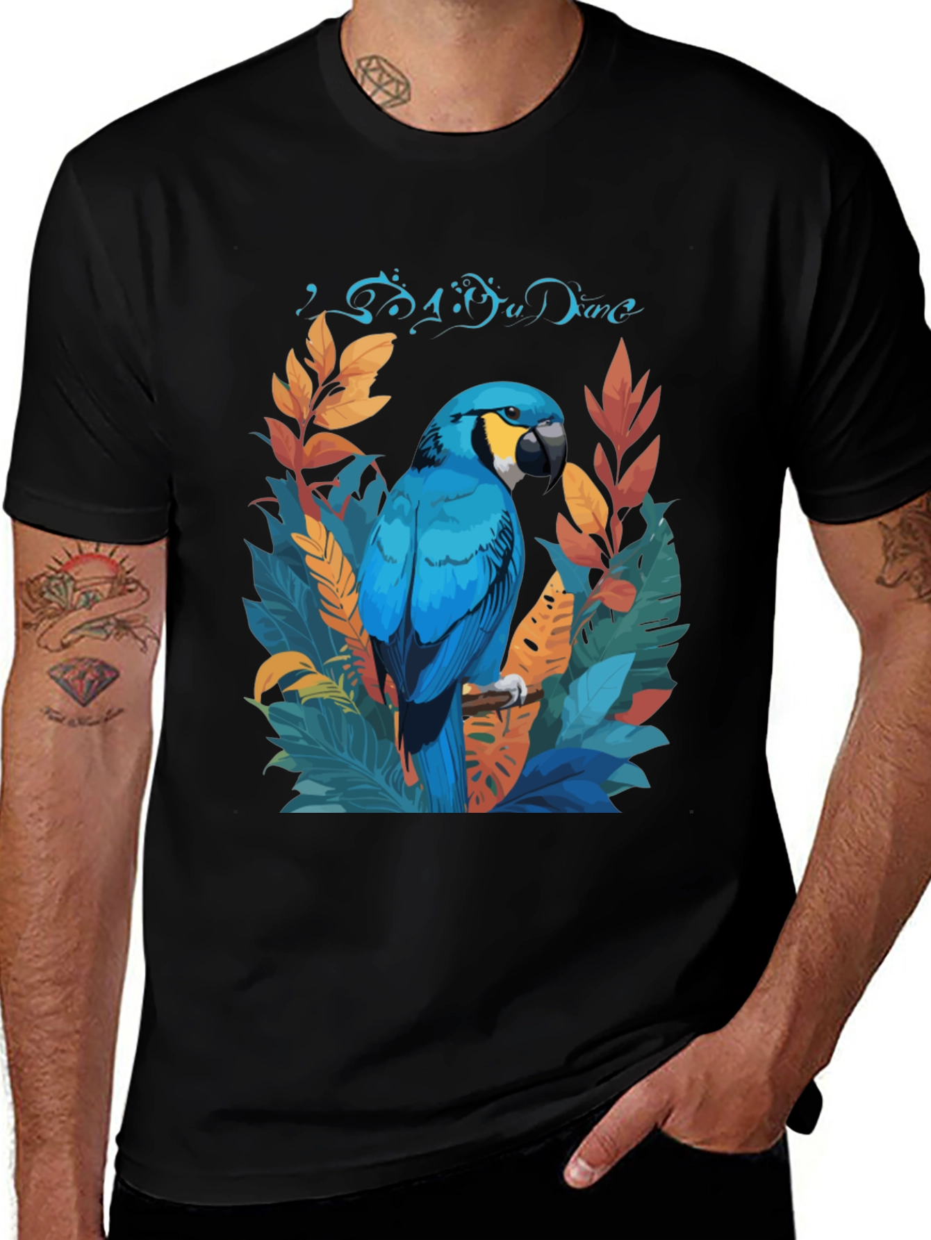 Tropical Parrot Graphic Tee - Black Casual T-Shirt