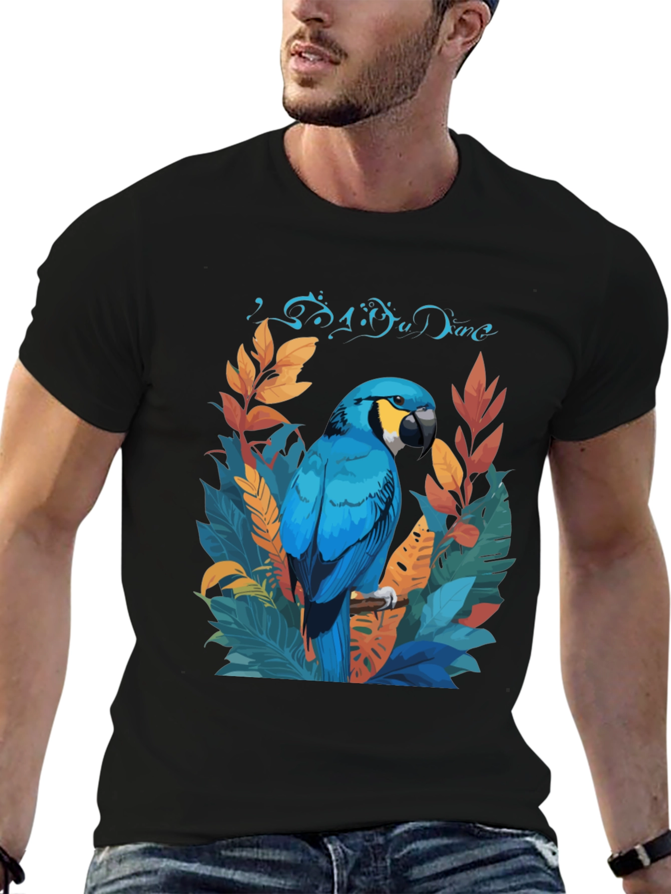 Tropical Parrot Graphic Tee - Black Casual T-Shirt