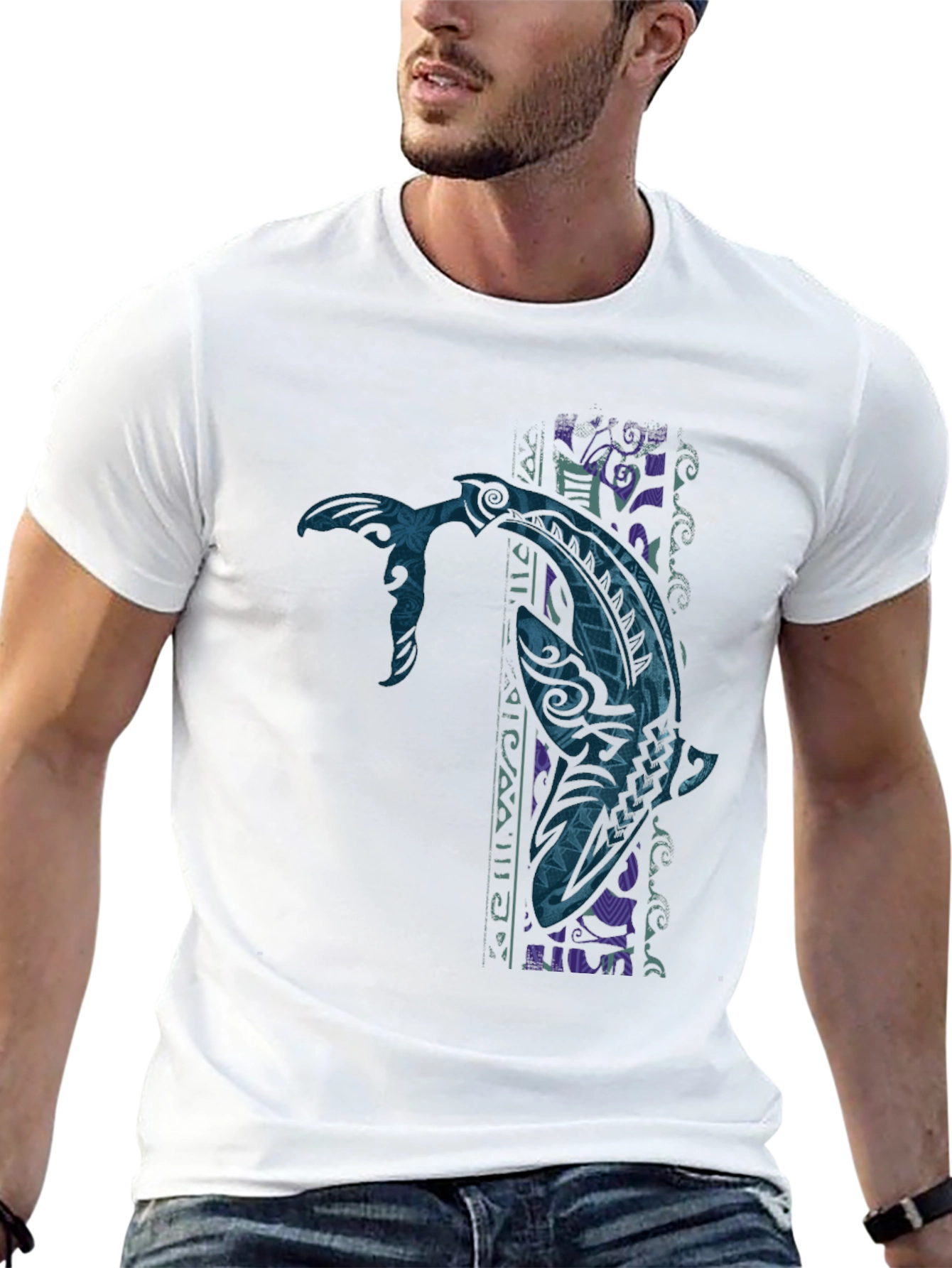 Tribal Tattoo Whale Graphic Tee - Black