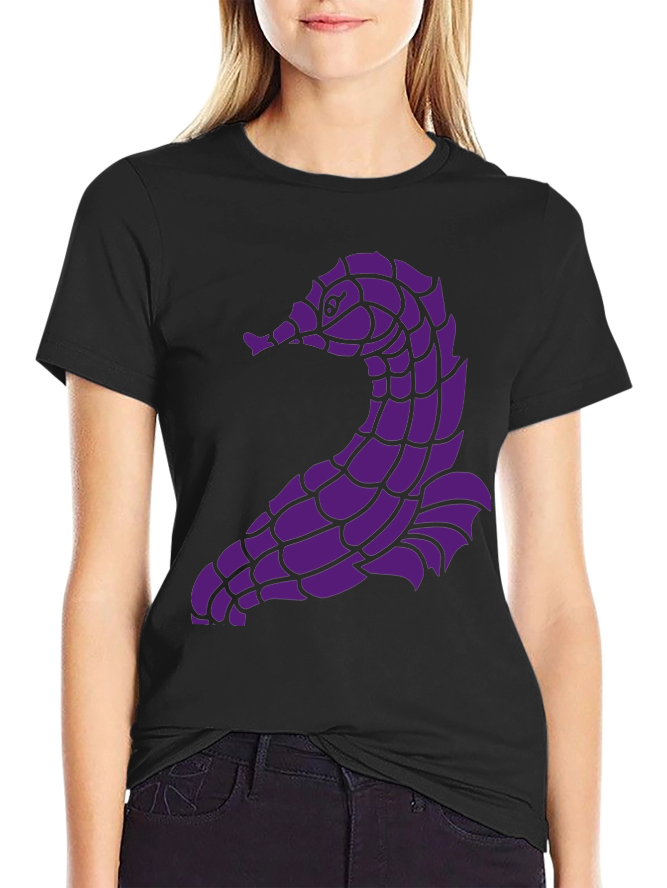 Unique Purple Seahorse Graphic Black T-Shirt