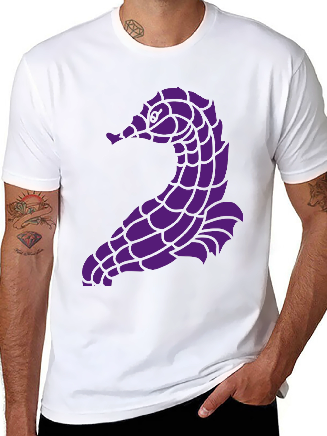 Unique Purple Seahorse Graphic Black T-Shirt