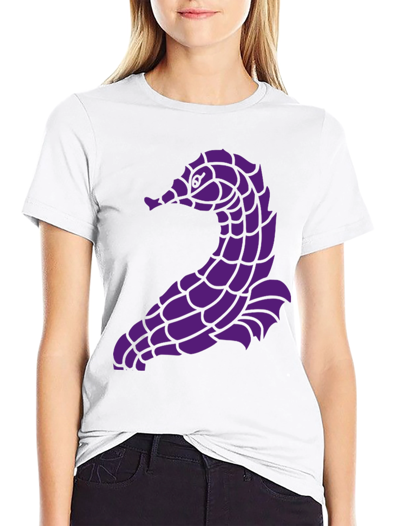 Unique Purple Seahorse Graphic Black T-Shirt