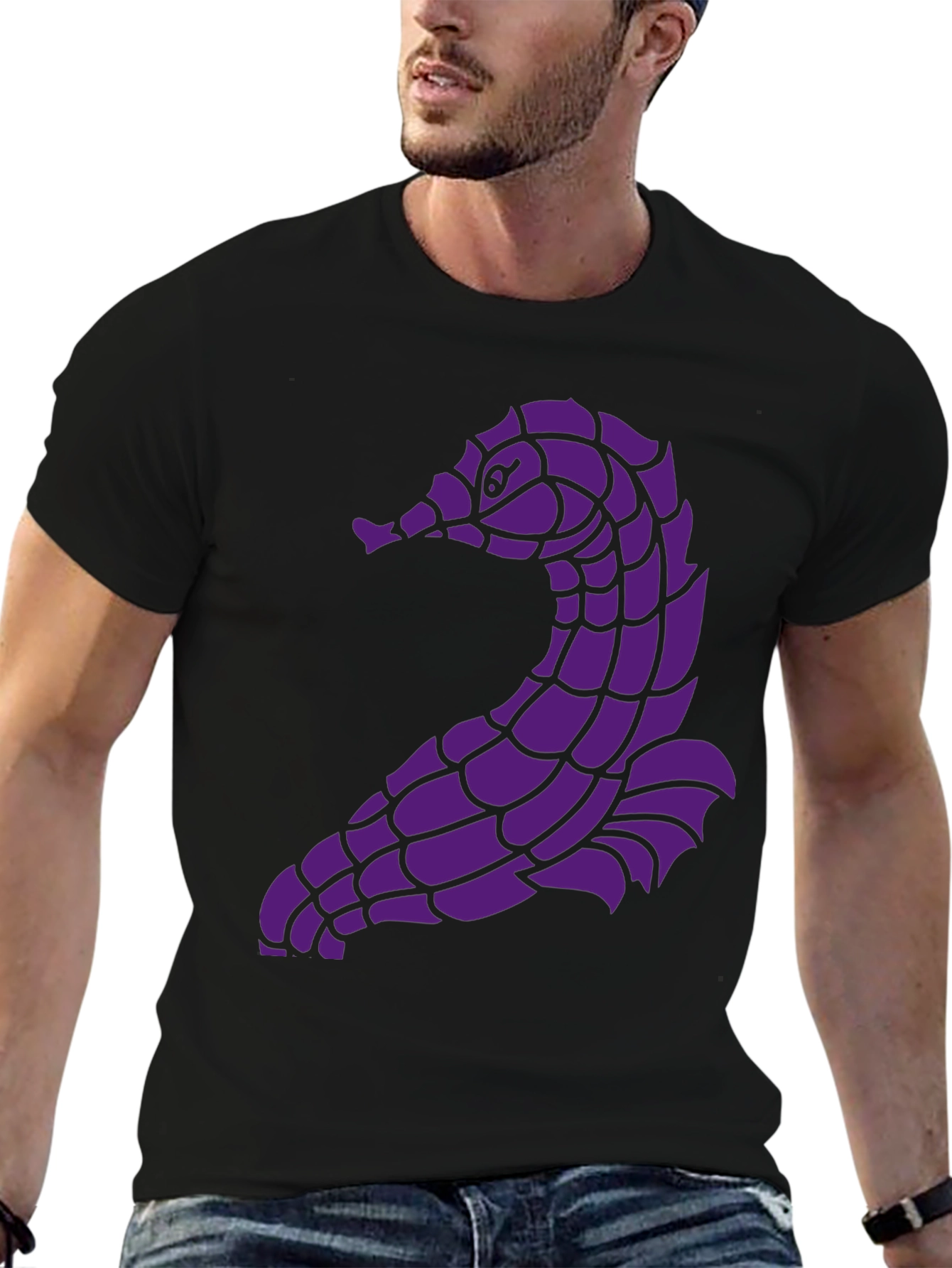 Unique Purple Seahorse Graphic Black T-Shirt