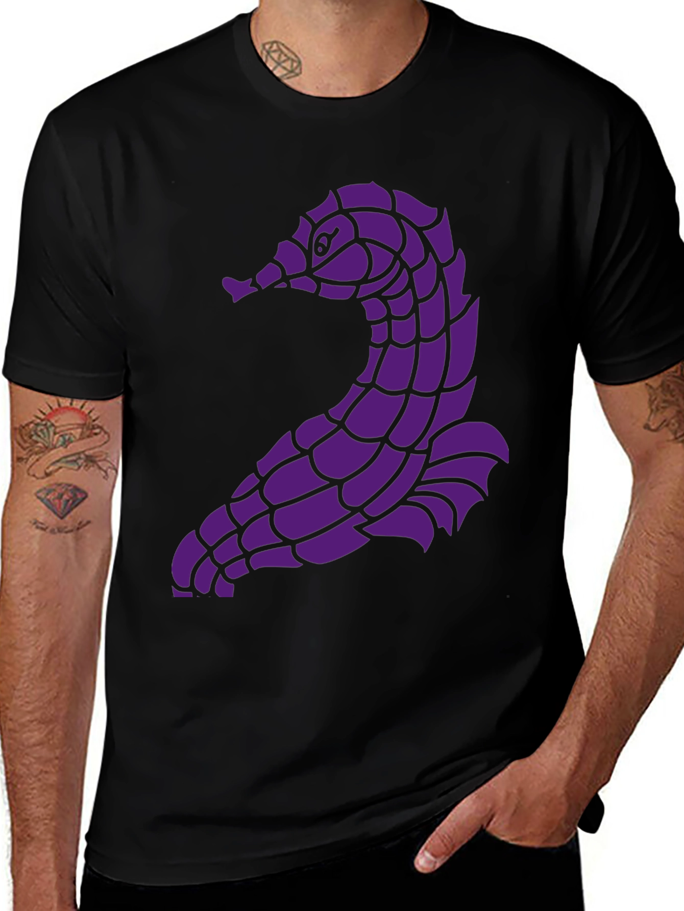 Unique Purple Seahorse Graphic Black T-Shirt