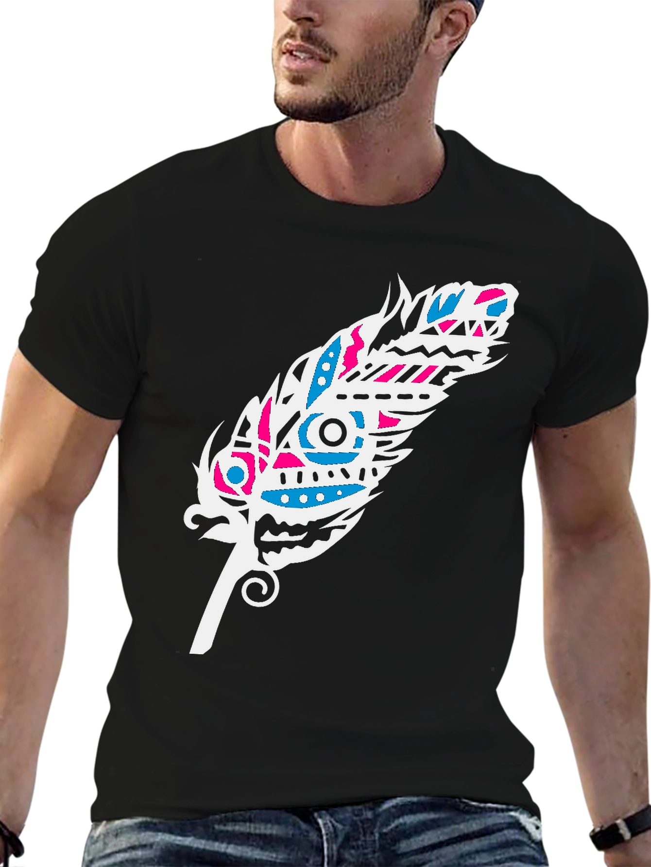 Tribal Feather Graphic Tee - Black