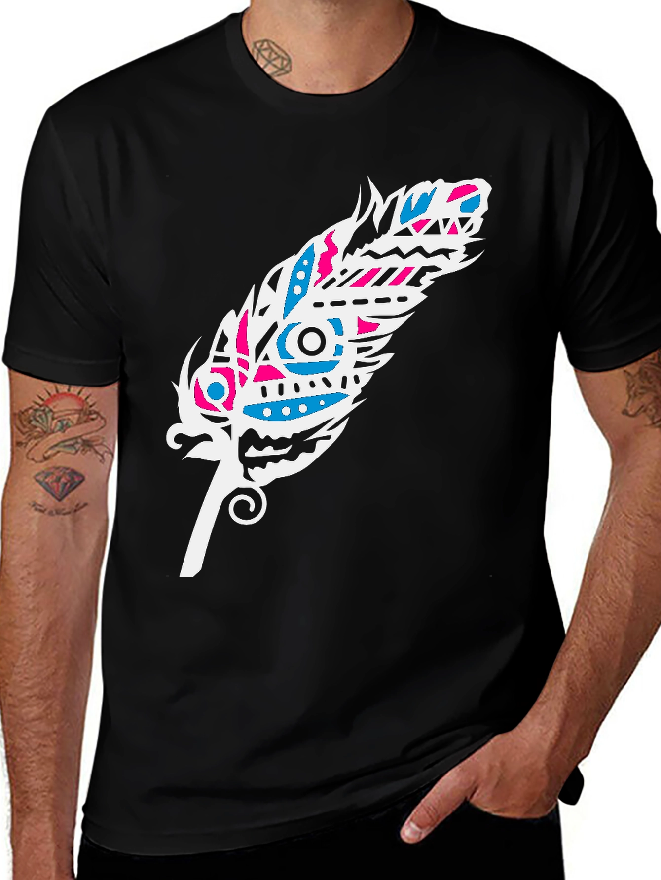 Tribal Feather Graphic Tee - Black