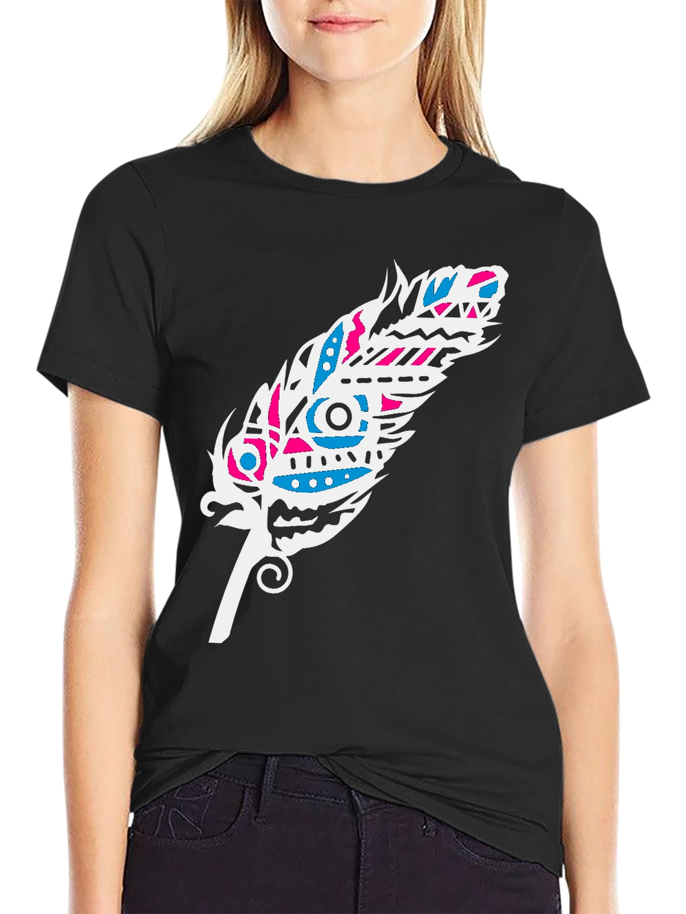 Tribal Feather Graphic Tee - Black