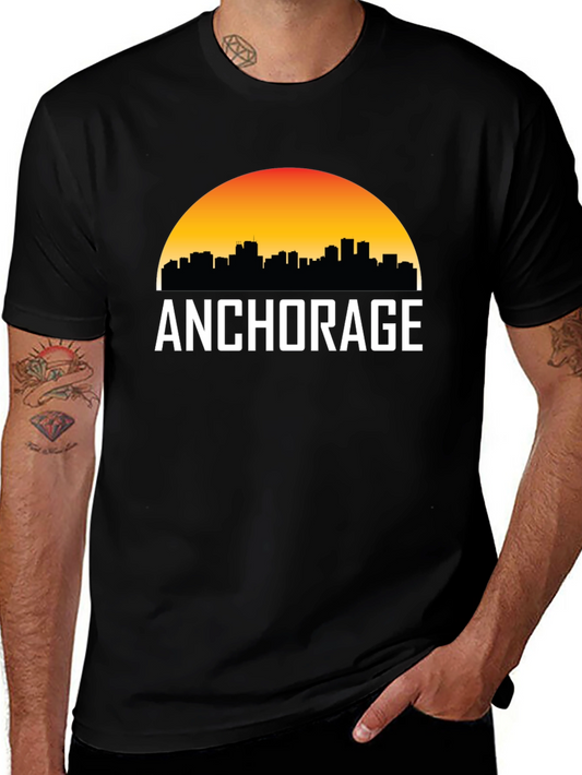 Anchorage Skyline Graphic Tee - Sunset Design Black T-Shirt