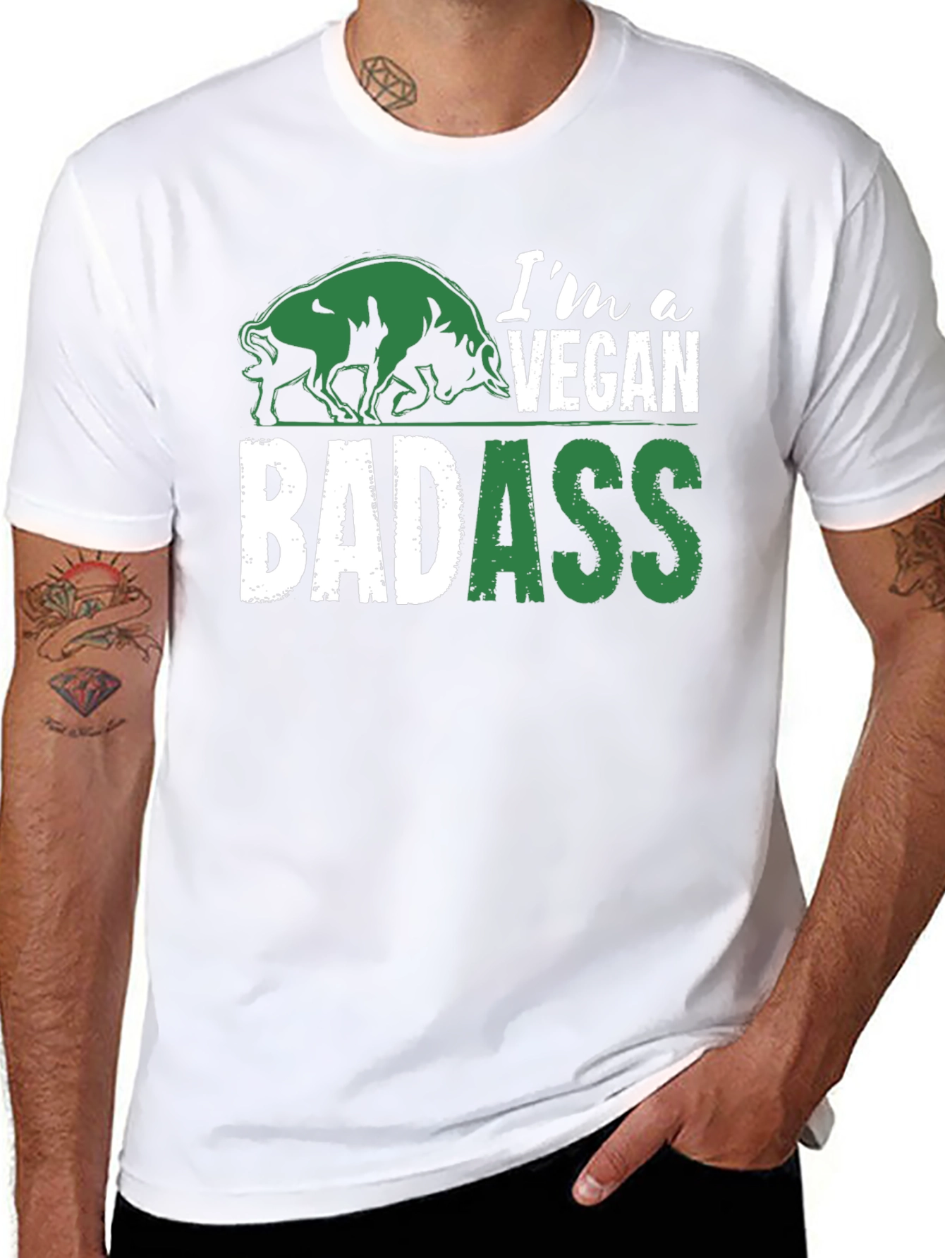 Vegan Badass Graphic T-Shirt - Green and White Design