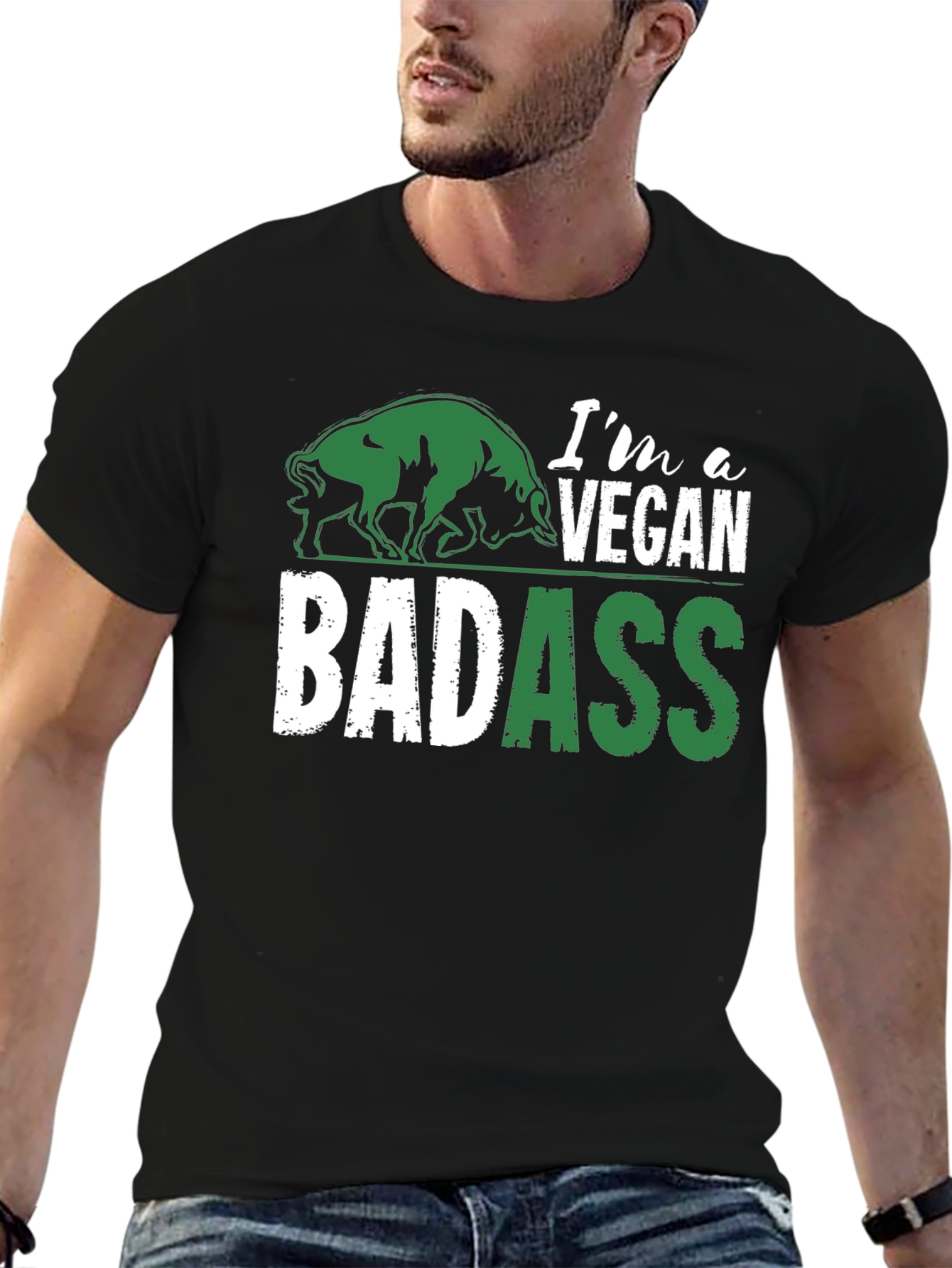 Vegan Badass Graphic T-Shirt - Green and White Design