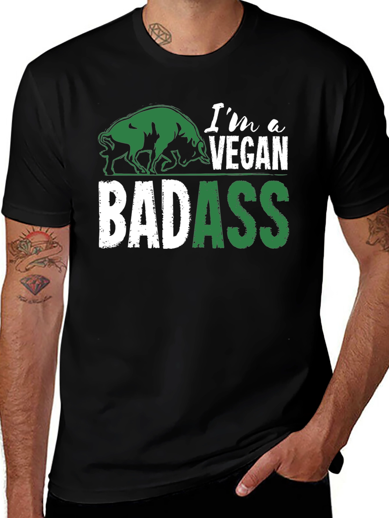 Vegan Badass Graphic T-Shirt - Green and White Design