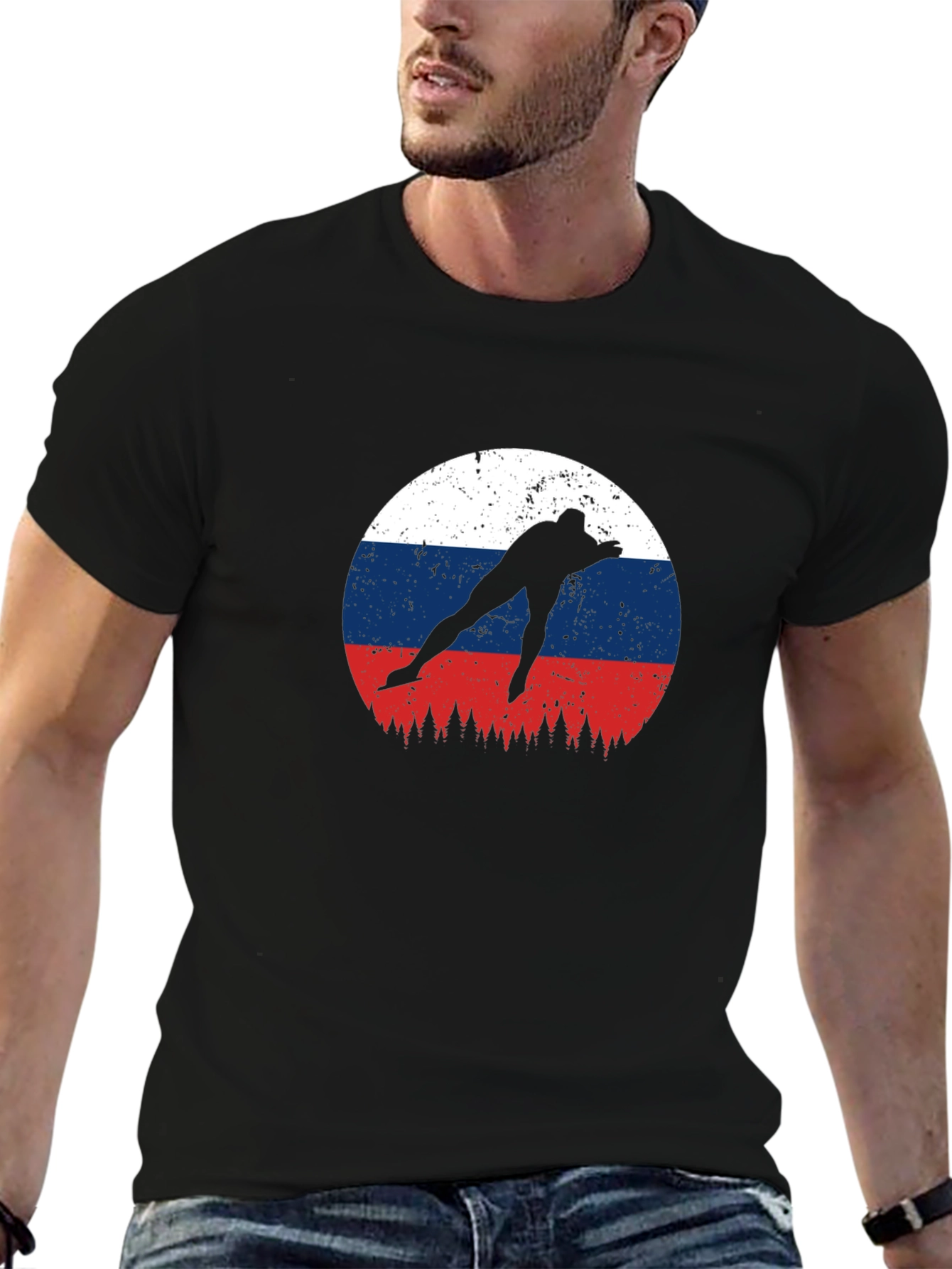 Russia Flag Speed Skater Black T-Shirt