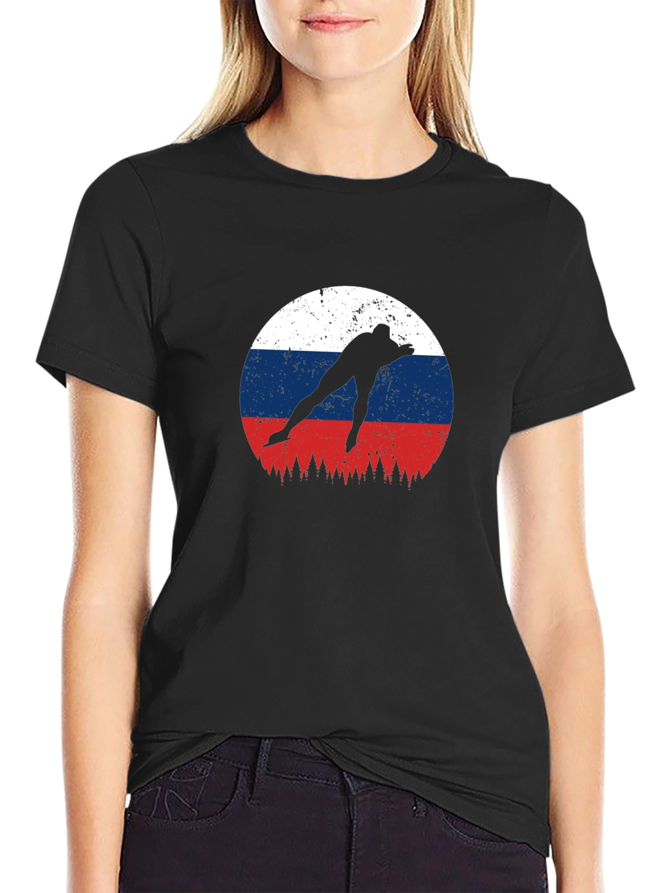 Russia Flag Speed Skater Black T-Shirt