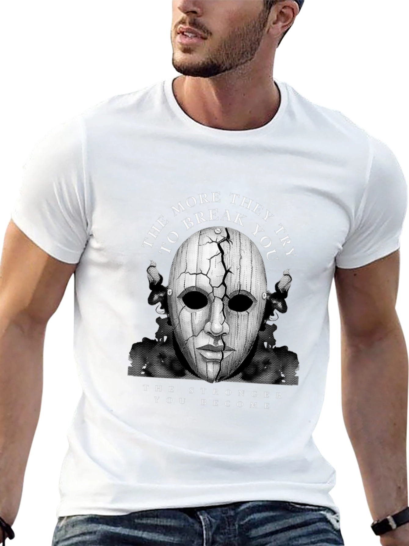 Cracked Mask Graphic T-Shirt - Strength Through Adversity