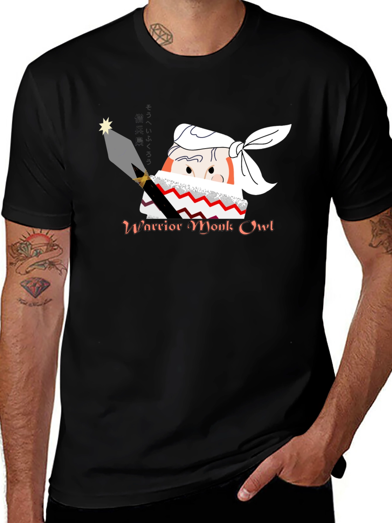 Warrior Monk Owl Black Graphic T-Shirt