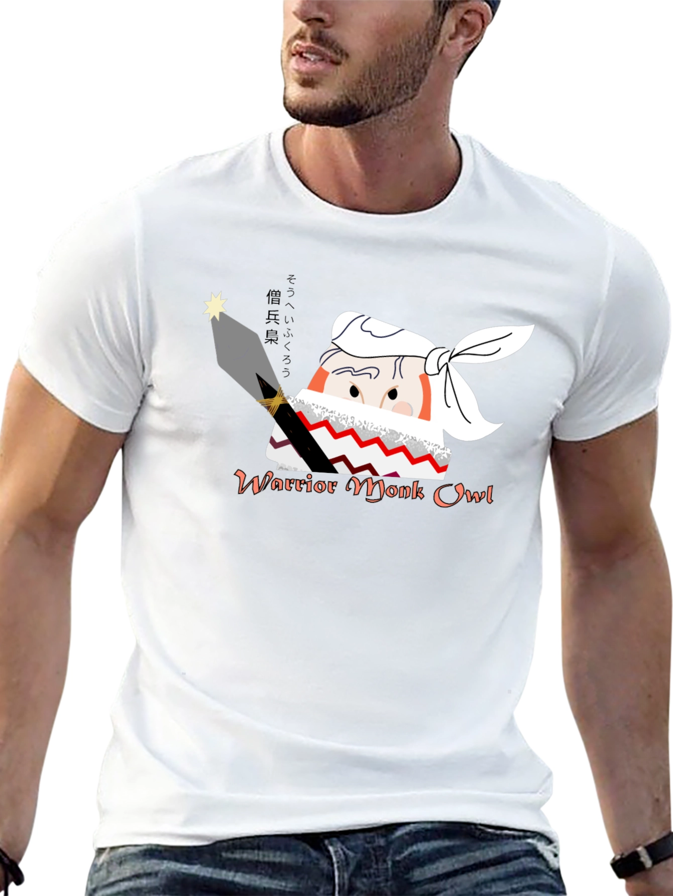 Warrior Monk Owl Black Graphic T-Shirt