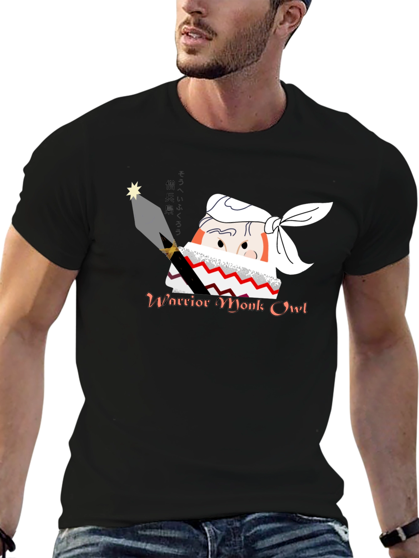 Warrior Monk Owl Black Graphic T-Shirt