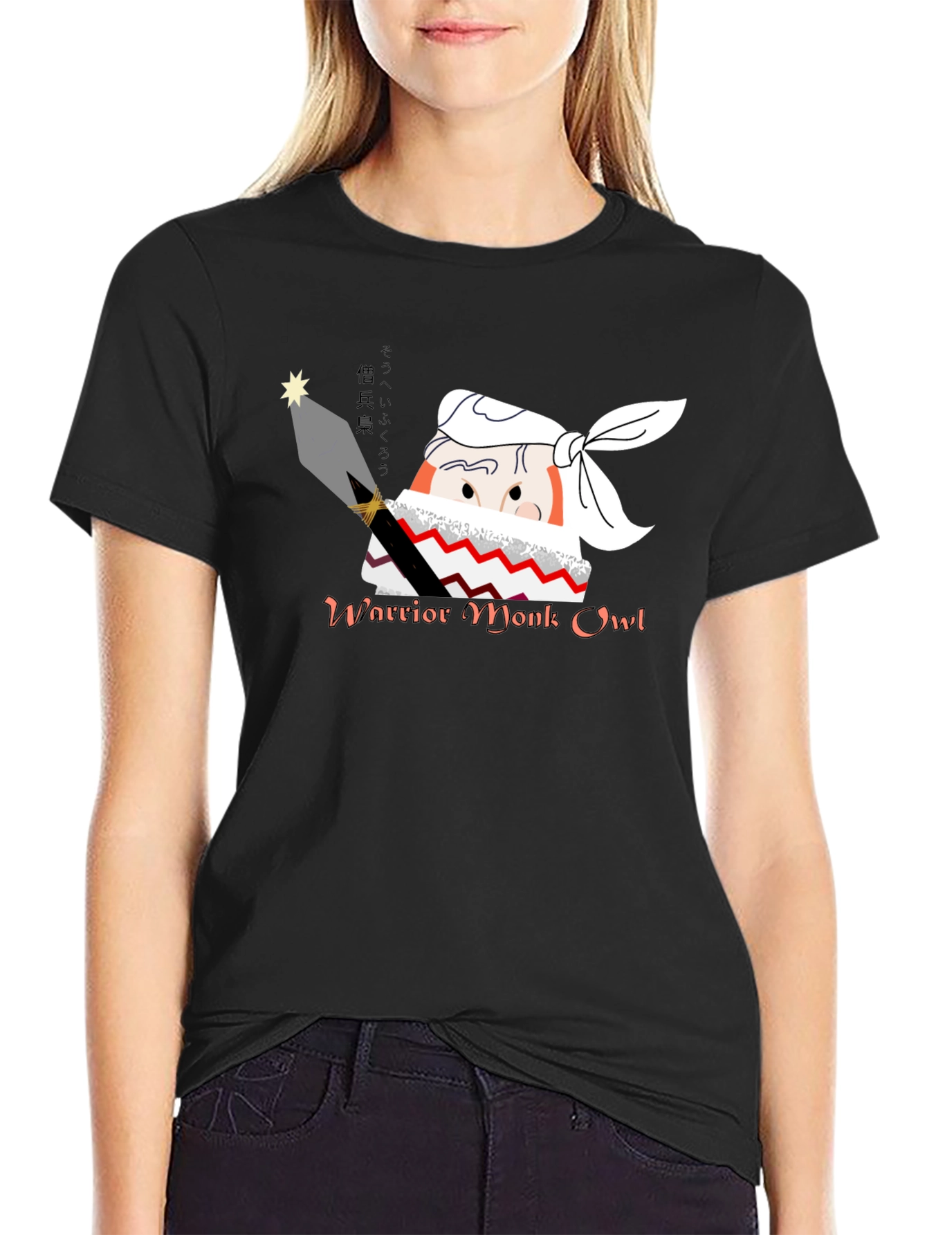 Warrior Monk Owl Black Graphic T-Shirt