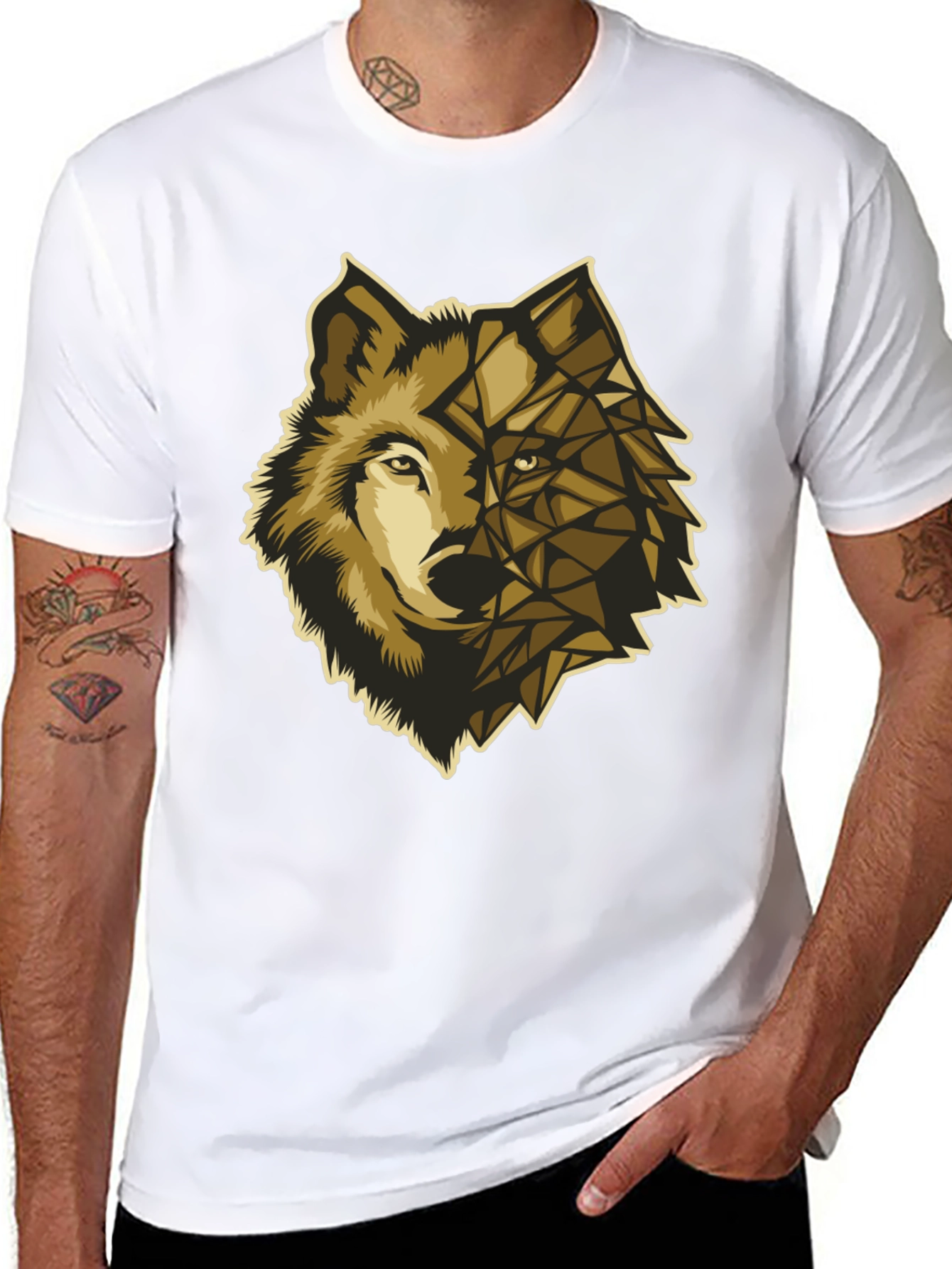 Geometric Wolf Graphic Tee - Premium Black Cotton