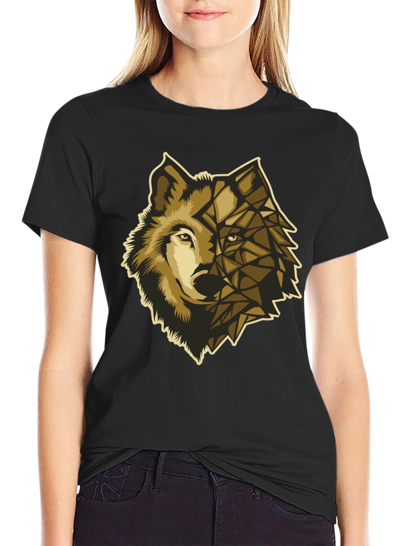 Geometric Wolf Graphic Tee - Premium Black Cotton
