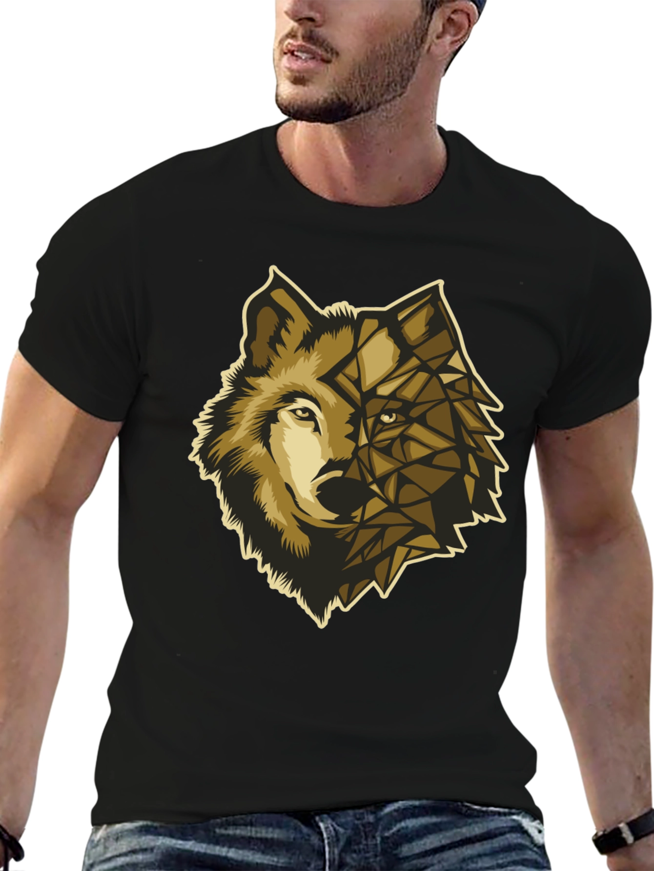Geometric Wolf Graphic Tee - Premium Black Cotton