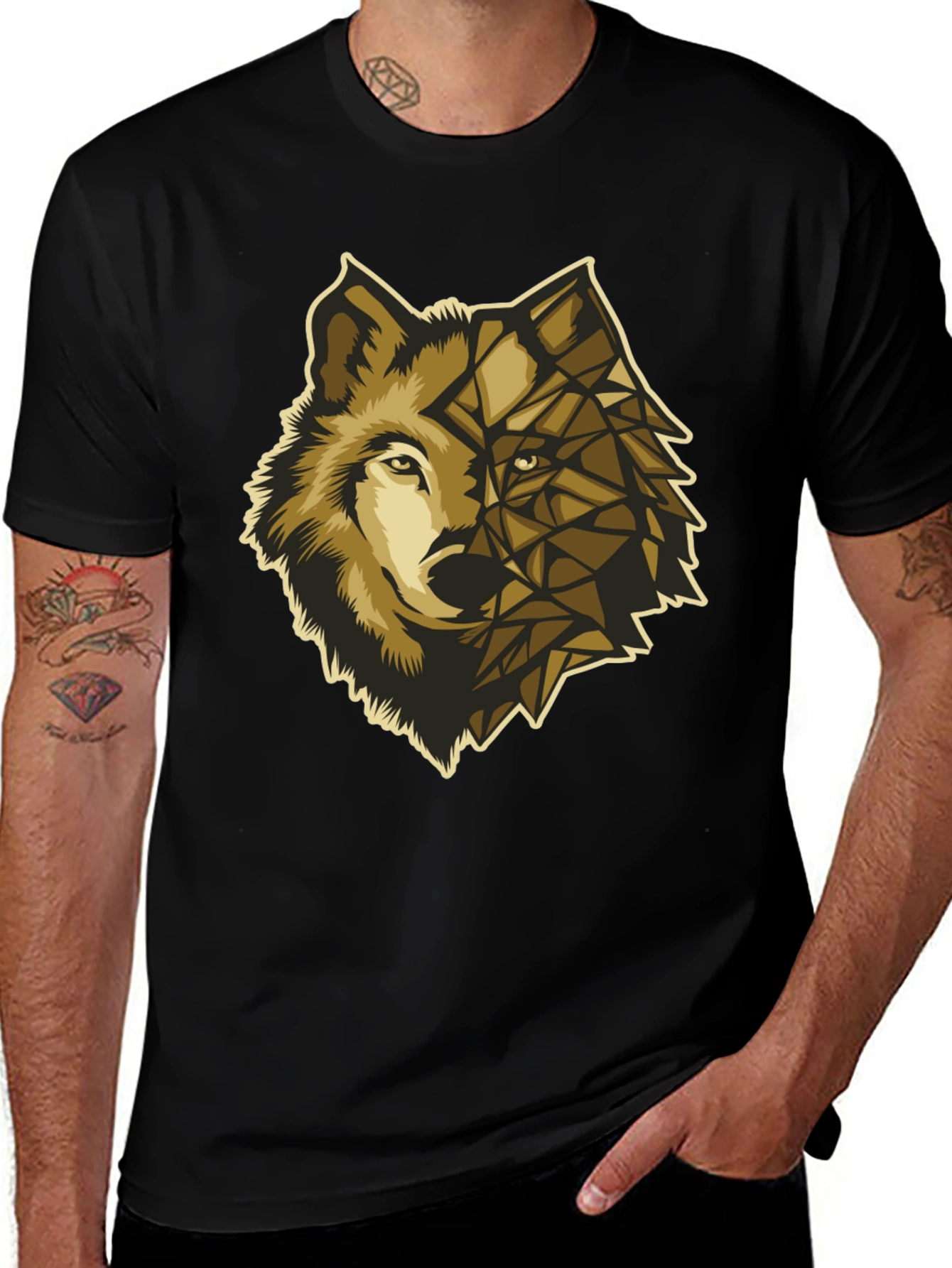 Geometric Wolf Graphic Tee - Premium Black Cotton