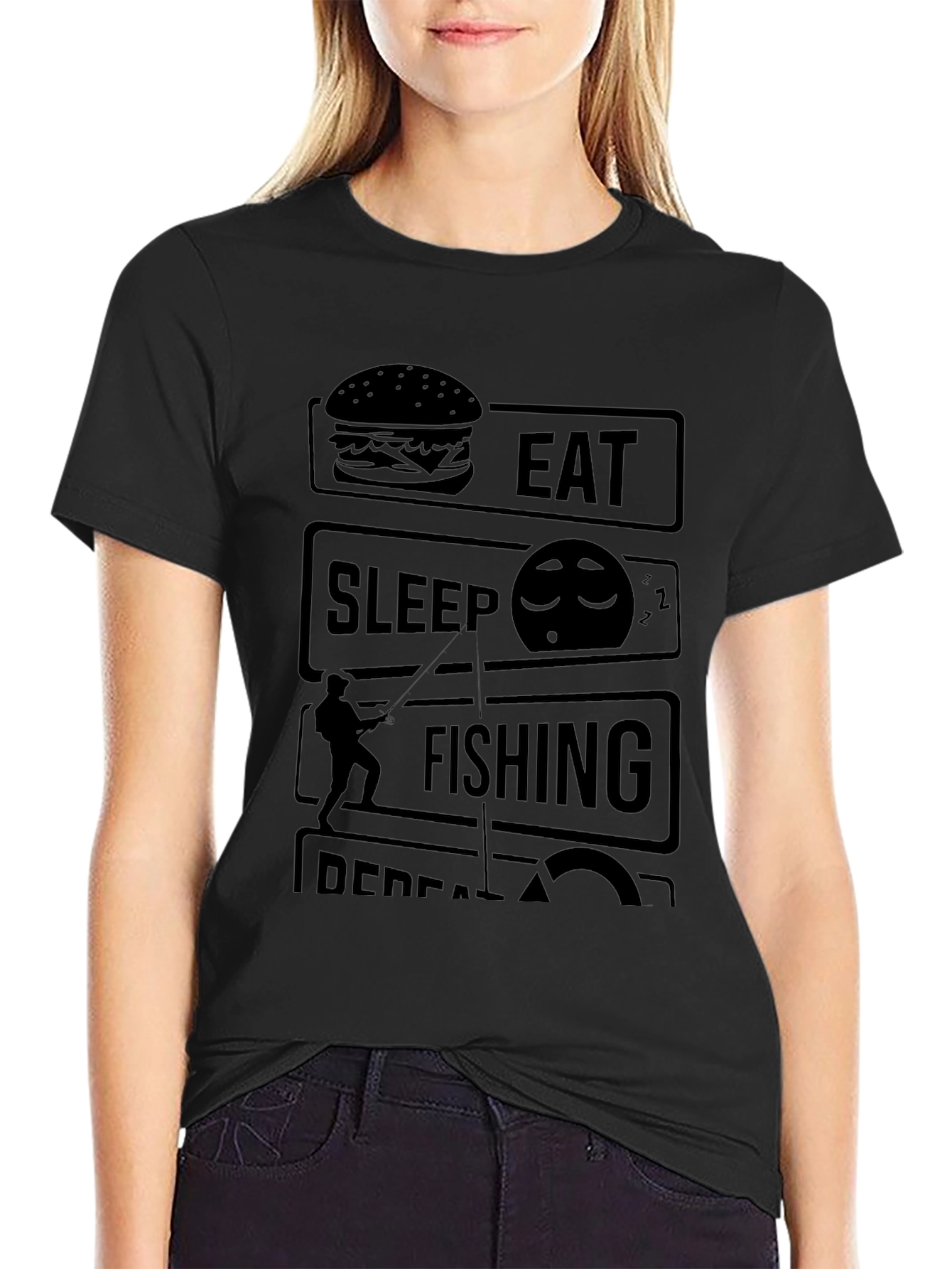 Eat Sleep Fish Repeat Black Graphic Tee