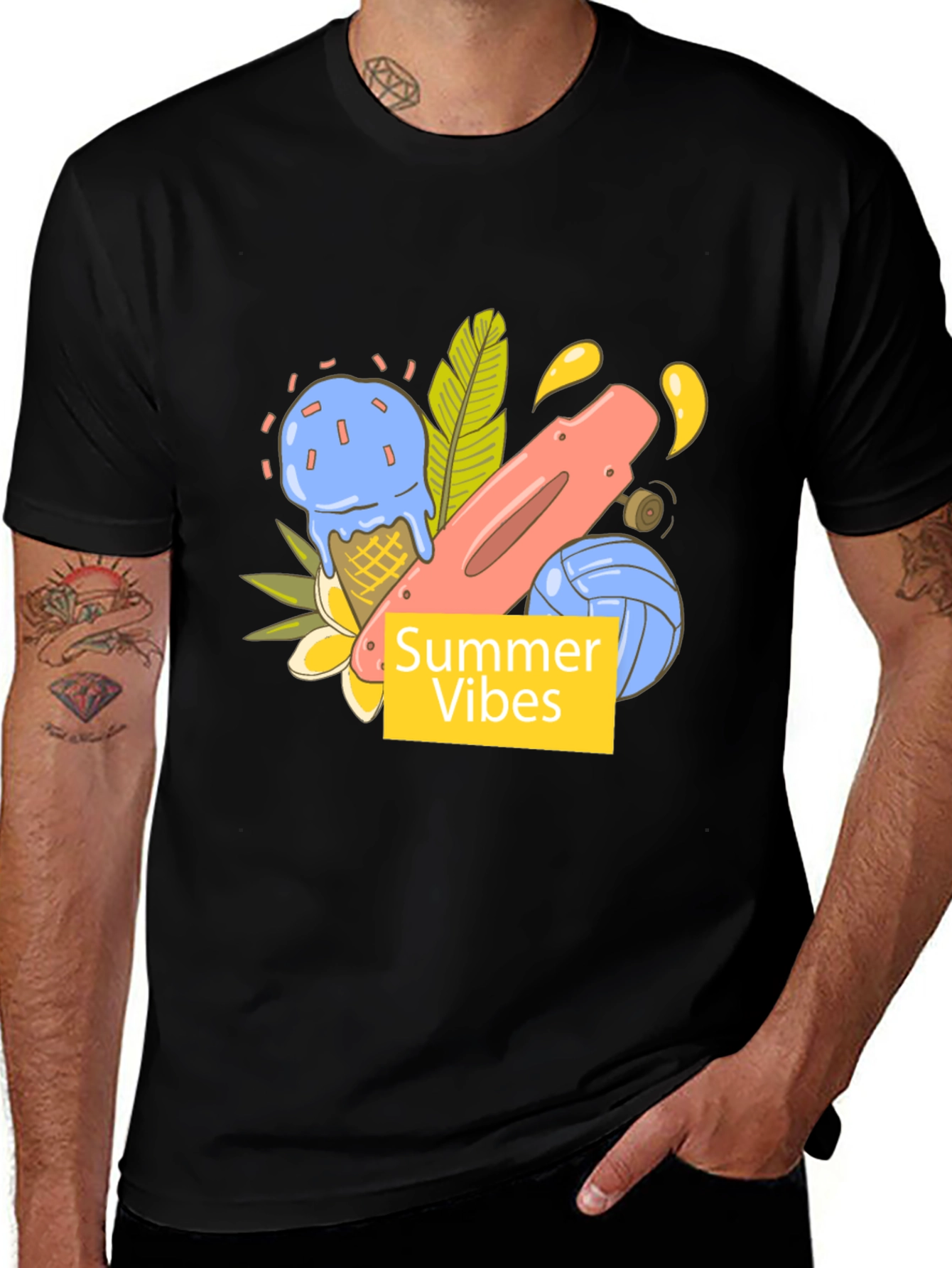 Summer Vibes Graphic Tee - Black Cotton T-Shirt