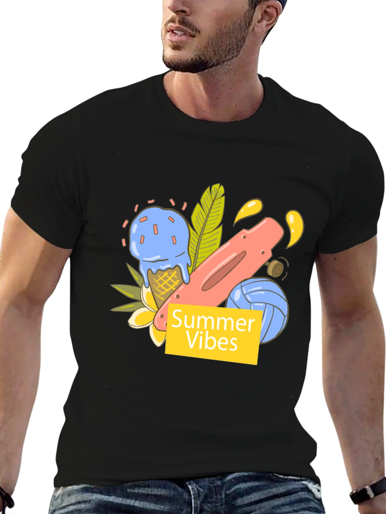 Summer Vibes Graphic Tee - Black Cotton T-Shirt