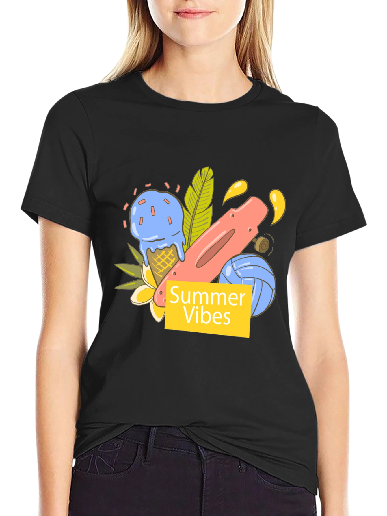 Summer Vibes Graphic Tee - Black Cotton T-Shirt